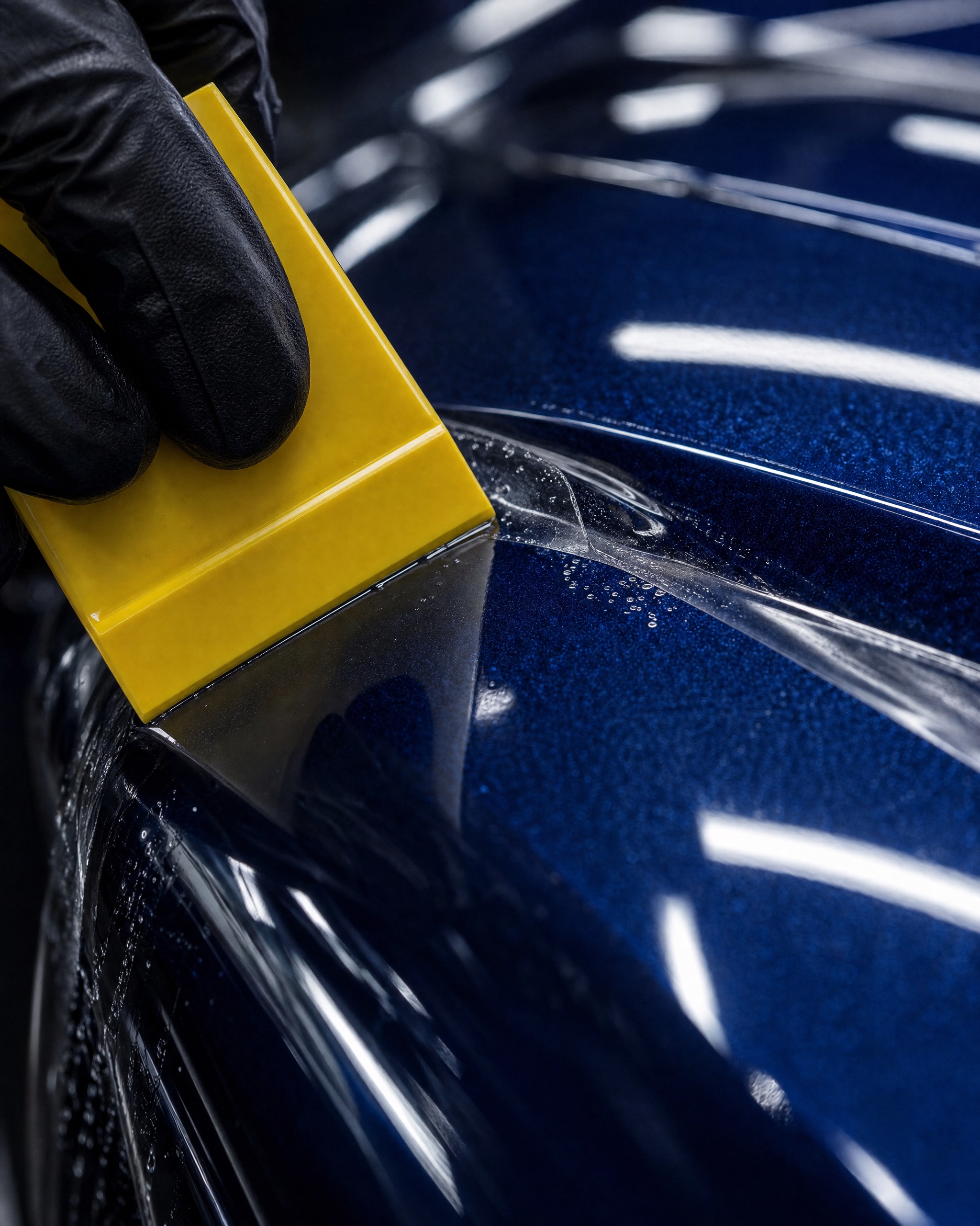 Installer pressing transparent paint protection film onto blue paint with a rigid plastic squeegee.